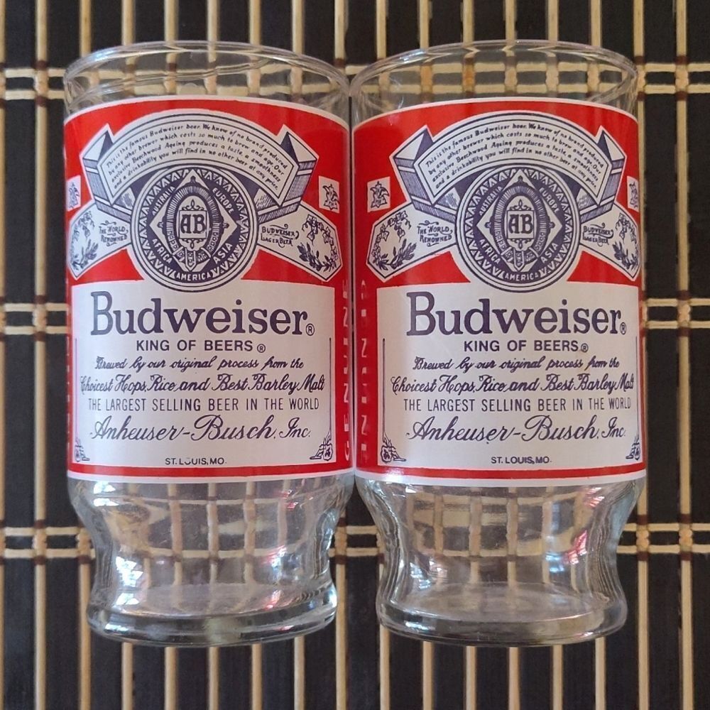 VTG 80s Set Of 2 Budweiser Anheuser Busch Inc 5"H Pint Glasses Drinkware